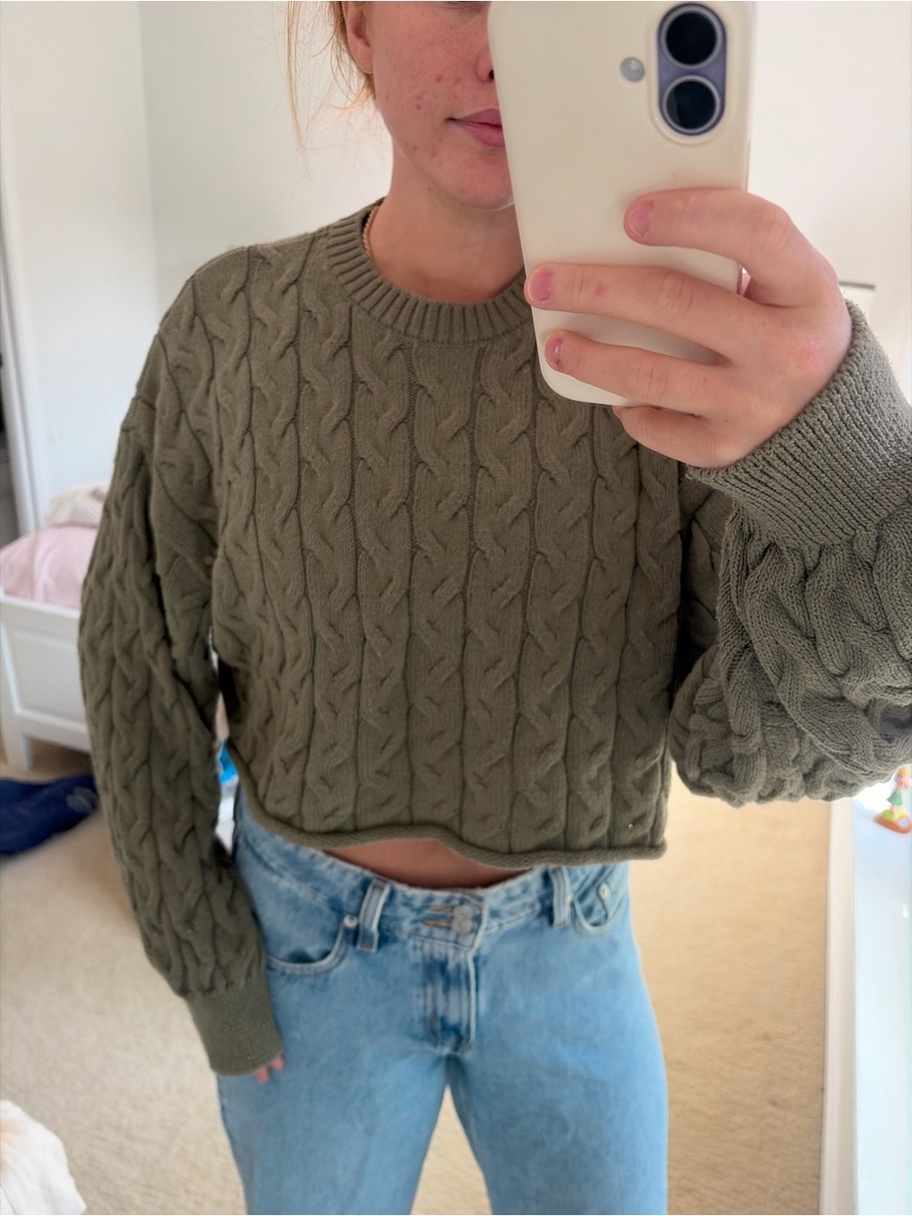 Zara Olive Cable Knit Cropped Sweater - Women